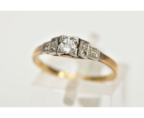 AN ART DECO DIAMOND RING, square stepped design centring on an old cut diamond, single cut diamond detailed stepped shoulders