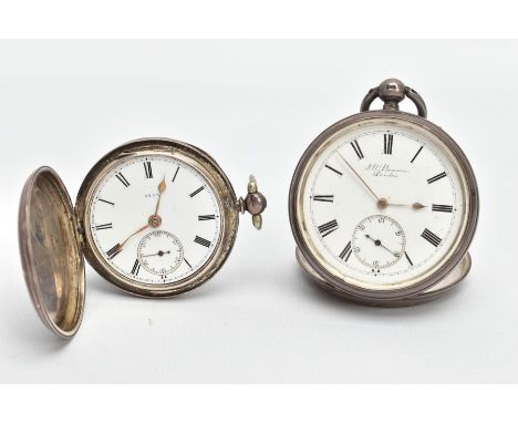 A SILVER OPEN FACE POCKET WATCH AND A FULL HUNTER POCKET WATCH, round white dial signed 'J.W.Benson, London', Roman numerals,