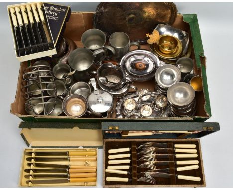 A BOX OF ASSORTED WHITE METAL WARE, to include a cased set of fish knives and forks with fish servers, each fitted with cream