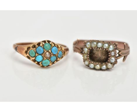TWO LATE VICTORIAN RINGS, to include a yellow metal seed pearl mourning ring, with foliage detailing on the band, inscribed '