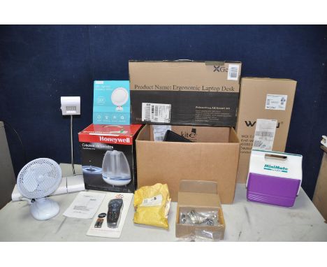 A COLLECTION OF MISCELANEOUS to include a Honeywell humidifier, a boxed clothes rack/wardrobe, a Minimate cooler, a box of cl