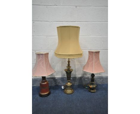 A BRASS TABLE LAMP, with a fabric shade, height to fitting 61cm, another brass lamp and a ceramic table lamp (3)
