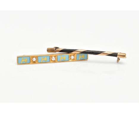 TWO EARLY 20TH CENTURY GOLD BAR BROOCHES, a jet bar wrapped in a gold band, approximate length 32mm, also including an enamel