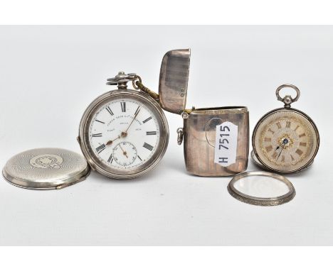 A SILVER VESTA AND TWO POCKET WATCHES, a silver vesta with an embossed pattern and a vacant cartouche, approximate gross weig