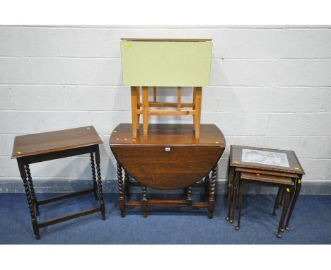AN OAK BARLEY TWIST GATE LEG TABLE, along with a mahogany nest of three tables, an oak barley twist occasional table and a Fo