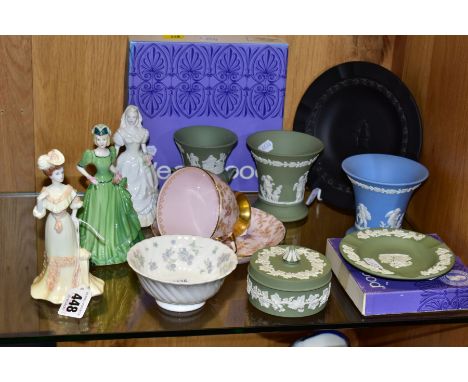 A GROUP OF WEDGWOOD JASPERWARE, COALPORT FIGURINES AND OTHER CERAMICS, comprising a boxed black basalt executive ashtray diam