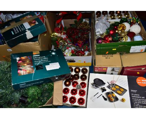 EIGHT BOXES OF CHRISTMAS DECORATIONS, mainly modern with late twentieth century items, to include four and five foot Christma