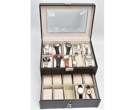 A WATCH DISPLAY CASE WITH ASSORTED WATCHES, a black watch case with twelve assorted watches included, lady's and gents watche