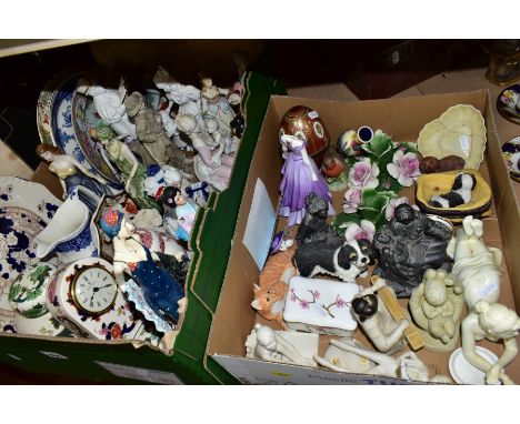 TWO BOXES OF FIGURINES AND OTHER CERAMIC WARES, to include a Masons Mandalay mantel clock (clock face marked Royal Doulton), 