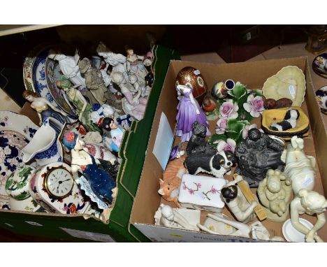 TWO BOXES OF FIGURINES AND OTHER CERAMIC WARES, to include a Masons Mandalay mantel clock (clock face marked Royal Doulton), 