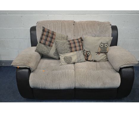 A BROWN LEATHER AND FABRIC MANUAL RECLINING TWO SEATER SOFA, length 165cm