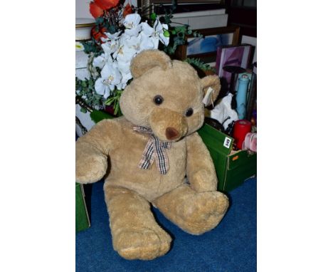 TWO BOXES AND LOOSE DECORATIVE HOUSEHOLD ITEMS, PRINTS, LARGE TEDDY BEAR, ETC, to include artificial flowers, a brass three b