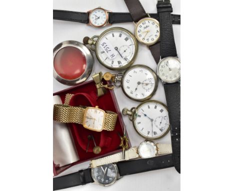 A ROTARY WRISTWATCH AND AN ASSORMENT OF POCKET AND WRISTWATCHES, to include a gold tone Rotary watch with a weaved strap, thr