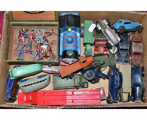 A BOX OF ASSORTED PLAYWORN DINKY TOY VEHICLES, majority are early post-war models, to include Streamlined Bus/Coach, No.29b (