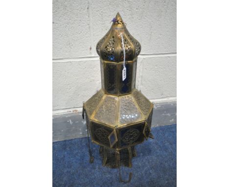 A MORROCAN BRASS HANGING LANTERN, with coloured glass panels, diameter 22cm x height 55cm (condition - repairs and faults to 