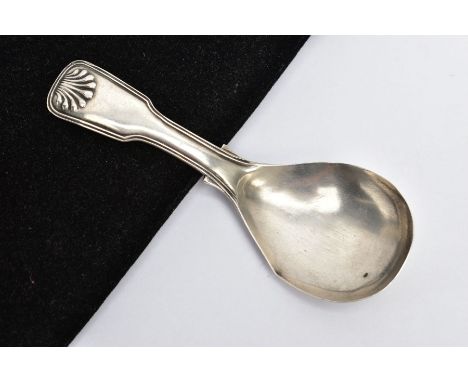 A MID-VICTORIAN SILVER CADDY SPOON, reeded fiddle pattern design with shell detailing, hallmarked 'George Unite' Birmingham 1