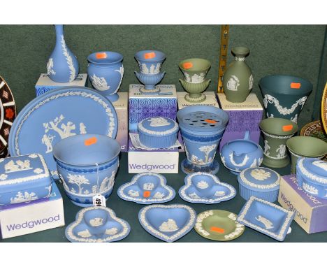 TWENTY TWO PIECES OF WEDGWOOD JASPERWARE, seven are boxed, colours comprise a teal green conical vase, five pieces of green, 