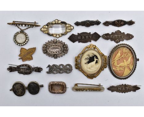 AN ASSORTMENT OF MAINLY VICTORIAN BROOCHES, sixteen brooches in total to include silver sweet heart brooches, a gold-plated l