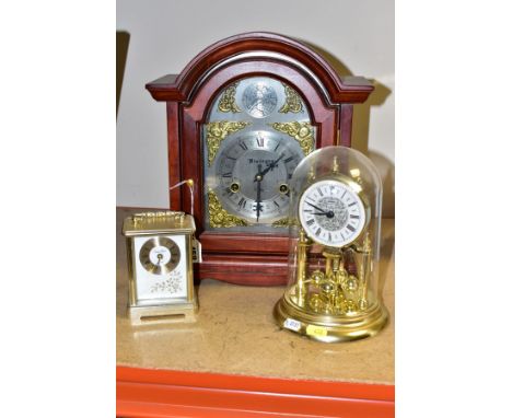 THREE CONTEMPORARY/LATE TWENTIETH CENTURY CLOCKS, comprising a vintage style tabletop clock approximately 36cm x 30cm x 16cm 