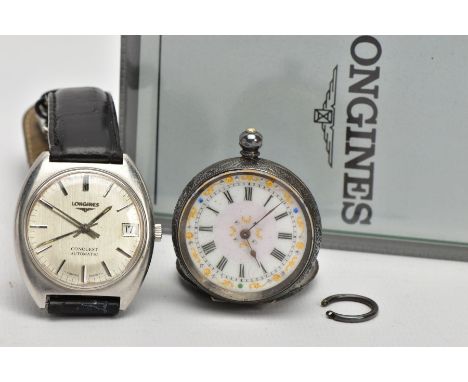 A GENTLEMENS 'LONGINES' WRISTWATCH AND A LADYS OPEN FACE POCKET WATCH, round silver dial signed 'Longines, Conquest Automatic