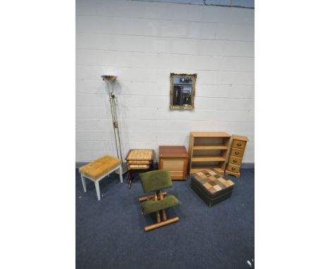 A QUANTITY OF OCCASSIONAL to include a teak linen box, tiled top nest of three tables, ergonomic kneeling stool, metamorphic 