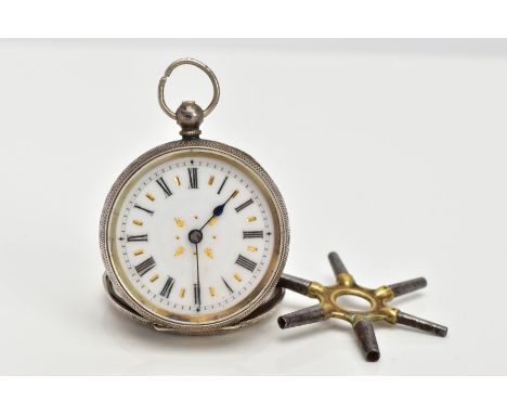 A LADYS OPEN FACE POCKET WATCH, round white dial with gold detailing, Roman numerals, blue hands, within a floral engraved ca