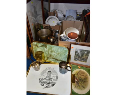 THREE BOXES AND LOOSE CERAMICS, METALWARE, GLASS, PICTURES, ETC, including Portmeirion planter, pewter and EPNS tankards, two