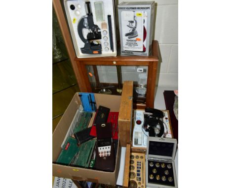 AN OAK CASED SET OF GRIFFIN &amp; TATLOCK LTD SCIENTIFIC SCALES, CASED WEIGHTS, DRAWING INSTRUMENTS, ETC, including three box