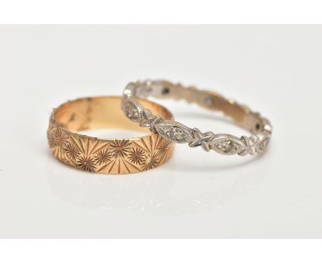 A 9CT GOLD BAND RING AND A WHITE METAL DIAMOND ETERNITY RING, the band textured with a diamond cut design, hallmarked 9ct gol