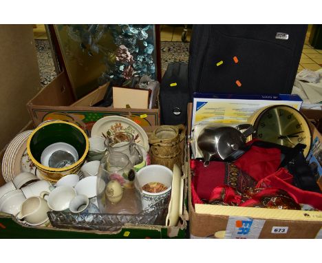 THREE BOXES AND LOOSE CERAMICS, GLASS, PICTURES, LUGGAGE, BAGS, HATS AND SUNDRY ITEMS, to include a grey Antler suitcase and 