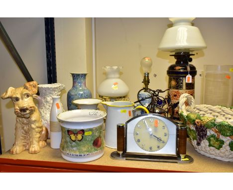 A LARGE QUANTITY OF LAMPS, BASKETS, VASES, TYPEWRITER, SCALES AND SUNDRY ITEMS, to include a Wright &amp; Butler oil lamp wit