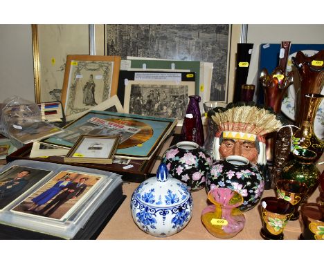 A GROUP OF CERAMICS, GLASS, PRINTS AND EPHEMERA, including a Royal Doulton 'North American Indian' D6611, two carnival glass 
