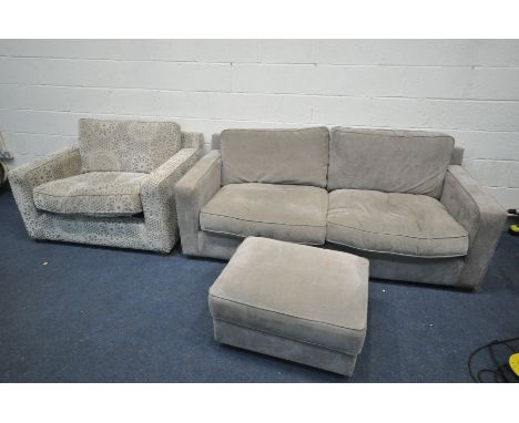 A HARVEYS UPHOLSTERED THREE PIECE SUITE, in two patterns, comprising a two seater settee, an armchair and a pouffe (3)