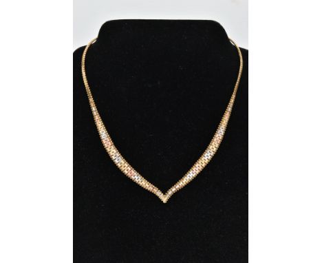 A 14CT GOLD NECKLACE, articulated V-shape necklace, made up with tri-colour brick links of yellow, white and rose gold links,