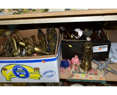THREE BOXES AND LOOSE METALWARES, PICTURES AND SUNDRY ITEMS, to include a Pelham Perky the Pig (no strings, repaired), a mine