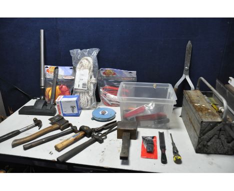 A SELECTION OF TOOLS to include a metal toolbox, a box of various tools a bag containing climbing ropes, harness and lifesave