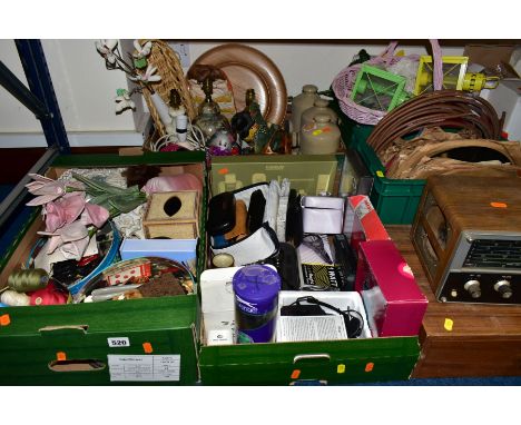 FIVE BOXES AND LOOSE VINTAGE RADIO, LAMPS, ORNAMENTS, SEWING ACCESSORIES AND SUNDRY ITEMS, to include an Eddystone radio (unt