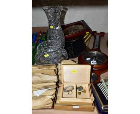 A BOX OF GLASSWARES, CIGARETTE CARDS, VINTAGE CIGARETTE PACKETS, A WALL CLOCK, A BAROMETER AND SUNDRY ITEMS, to include a tal