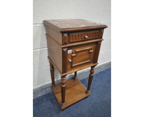 A 20TH CENTURY FRENCH WALNUT POT CUPOARD, with a marble top, single drawer and single door enclosing a marble and enamel inte