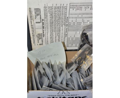 A FRAMED FACSIMILE COPY OF A RIFLE CHAMBER AND CARTRIDGE SIZES CHART WITH A BOX OF CROSSBOW STRINGS, facsimile chart shows ri