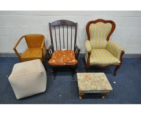 A LATE 20TH CENTURY ITALIAN MAHOGANY SPOONBACK CHAIR, along with a modern rocking chair (missing one cushion) commode armchai