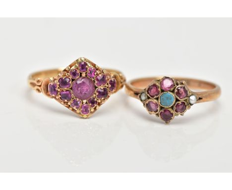 TWO LATE 19TH EARLY 20TH CENTURY GEM SET RINGS,  to include a pink gem set cluster ring set in a yellow metal with scrolling 