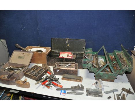 THREE TOOLBOXES AND THREE TRAYS OF TOOLS to include a selection of open end spanners, hammers, allen keys, files, clamps, mar