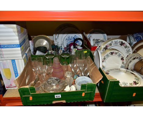 SIX BOXES OF CERAMICS AND GLASSWARES, to include a Royal Doulton Camelot TC1061 twenty eight piece part dinner service includ