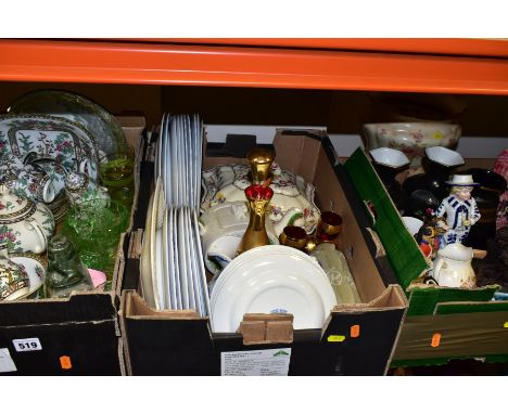 THREE BOXES AND LOOSE CERAMICS AND GLASSWARES, to include a twenty two piece Coalport Indian Tree tea set, a uranium glass si