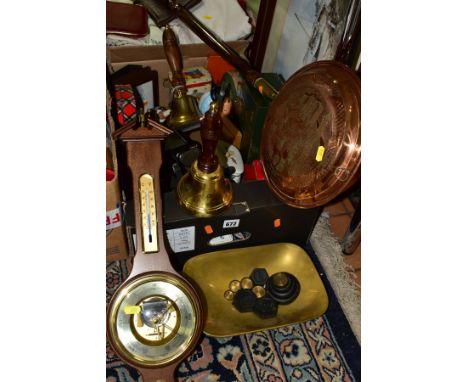 TWO BOXES AND LOOSE PICTURES, LINENS, METALWARES AND SUNDRY ITEMS, to include a copper warming pan, a wall mountable aneroid 