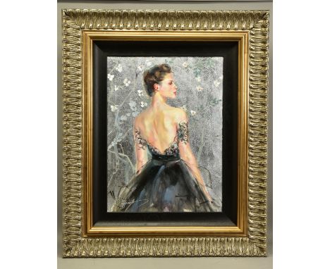 ANNA RAZUMOVSKAYA (RUSSIAN CONTEMPORARY), 'WHITE NIGHT' a portrait of a female figure wearing a ballgown, signed bottom left,