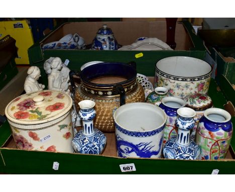 TWO BOXES OF VINTAGE CERAMIC WARES, to include a Royal Doulton stoneware cauldron shaped vase with three handles, gilt swirl 