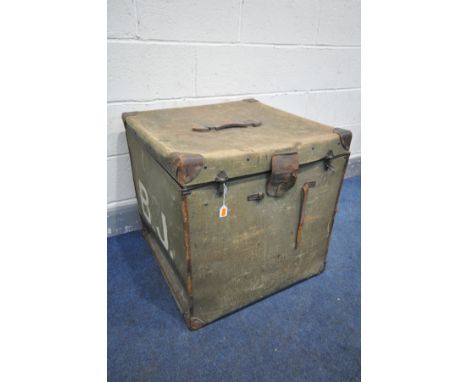 A VINTAGE GREEN CANVAS CUBED TRUNK, with an internal tray, and stencilled B.J to the sides, 63cm cubed (condition:-leather in
