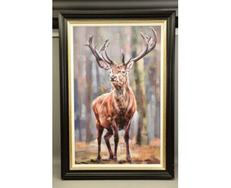 DEBBIE BOON (BRITISH CONTEMPORARY), 'STANDING TALL', a signed limited edition print of a stag, 57/195 no certificate, approxi